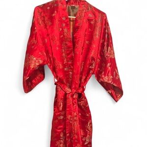 GAP Red Satin Floral Kimono Robe with Gold Detail
